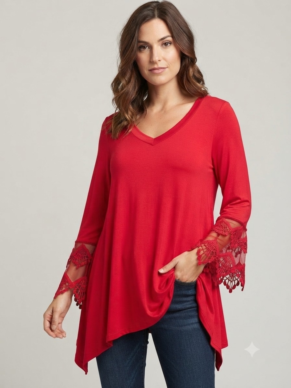 Emerald Red Bell Sleeve Lace Trim Tunic Top Small Bohemian Coquette